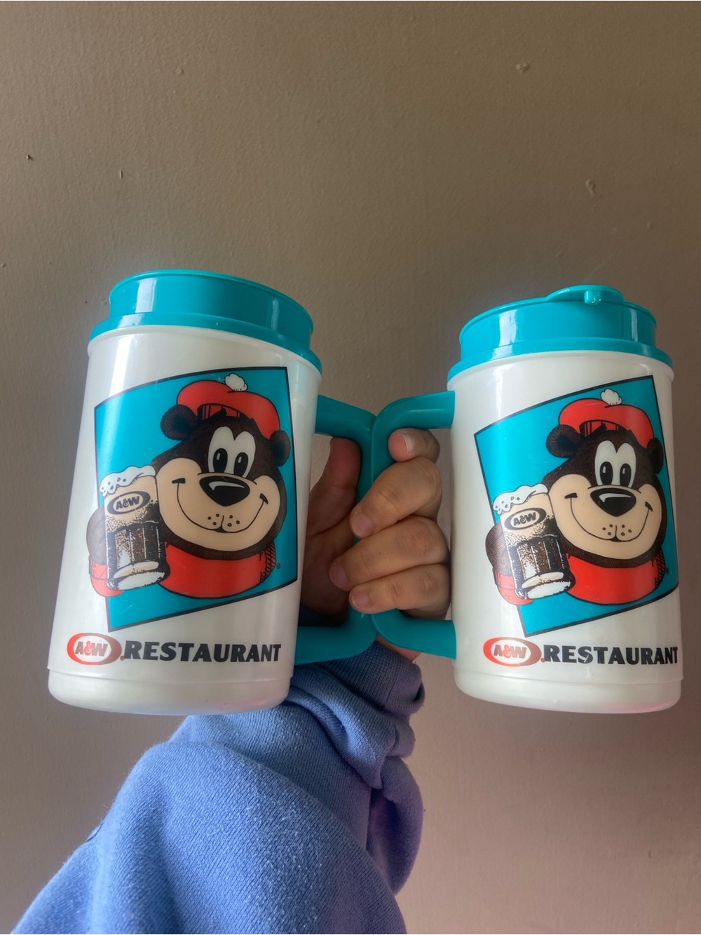 RARE Vintage A&W Resturant Root Beer Rooty Bear 16 Oz. Travel Mug Hot Cold 2pk